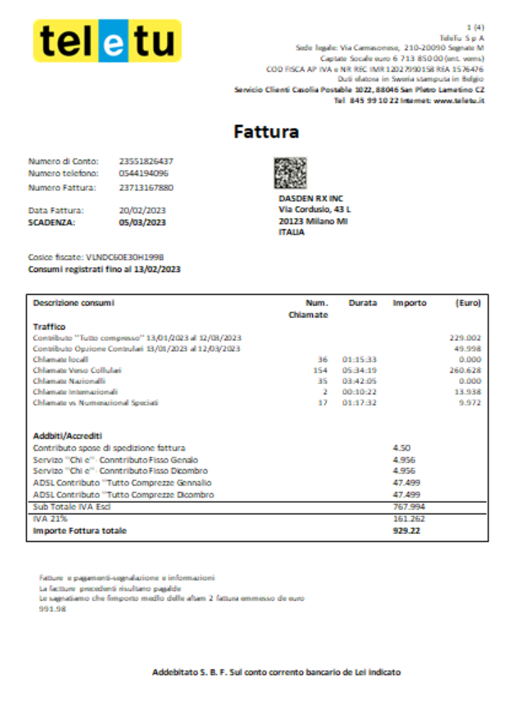 Download TeleTu S p A utility business bill,  SCR Photoshop template